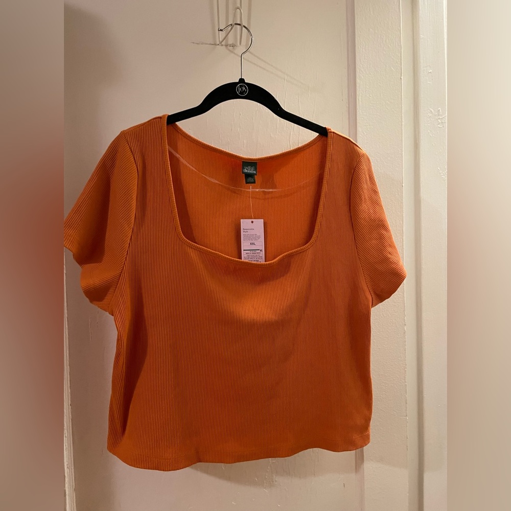 Zara Orange Ribbed Square-Neck Short Sleeve Top